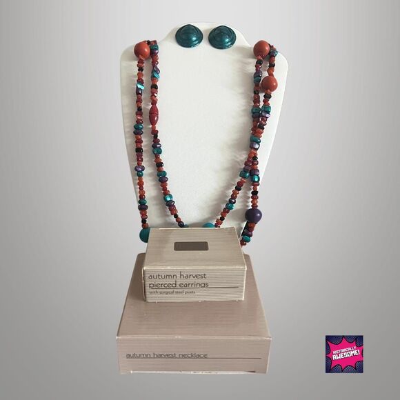 80s Vintage Autumn Harvest Jewelry Set - Boho Earrings Long-Beaded Necklace NIB - Picture 5 of 6